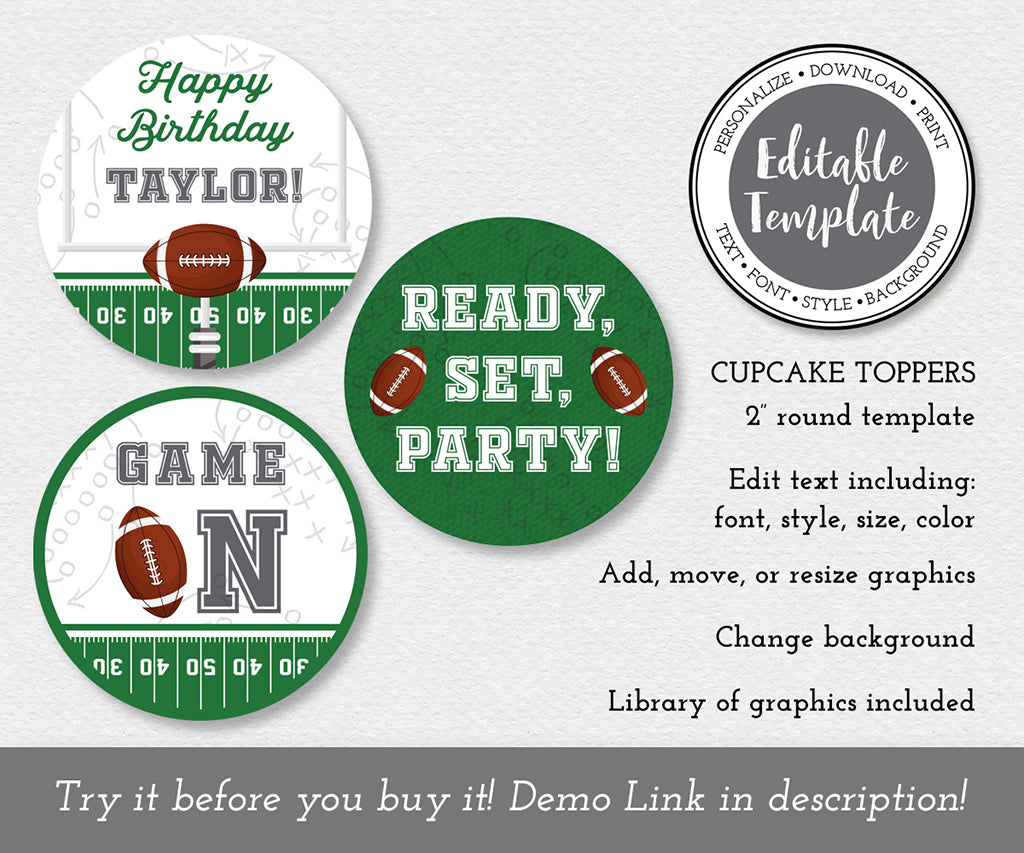 Football theme round cupcake topper editable templates, ready set party, game on, happy birthday with a football.