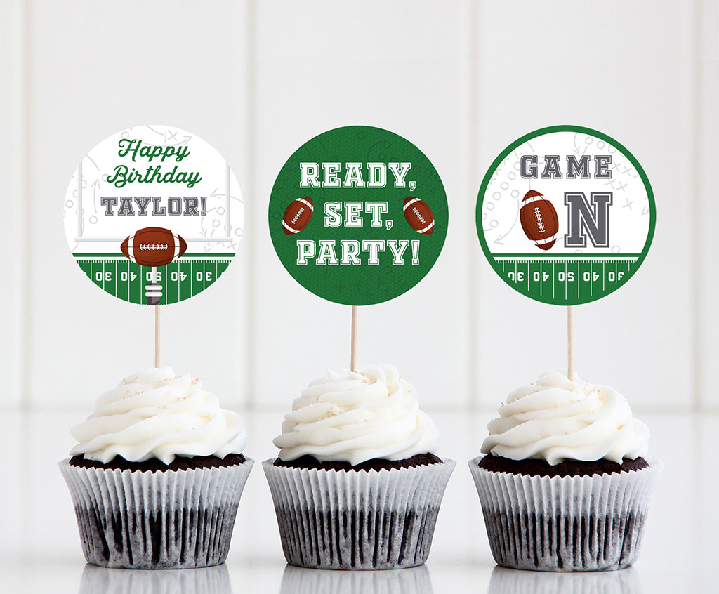 Football birthday cupcake toppers.