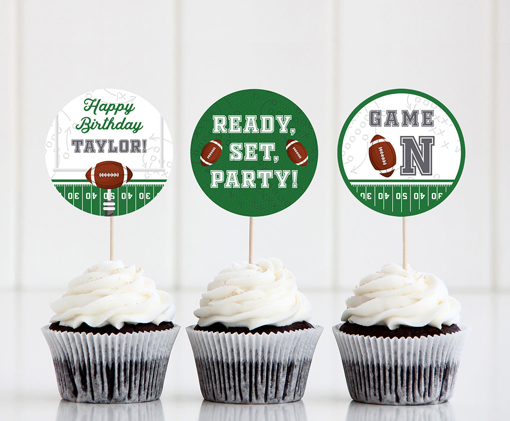 Football birthday cupcake toppers in green and gray.