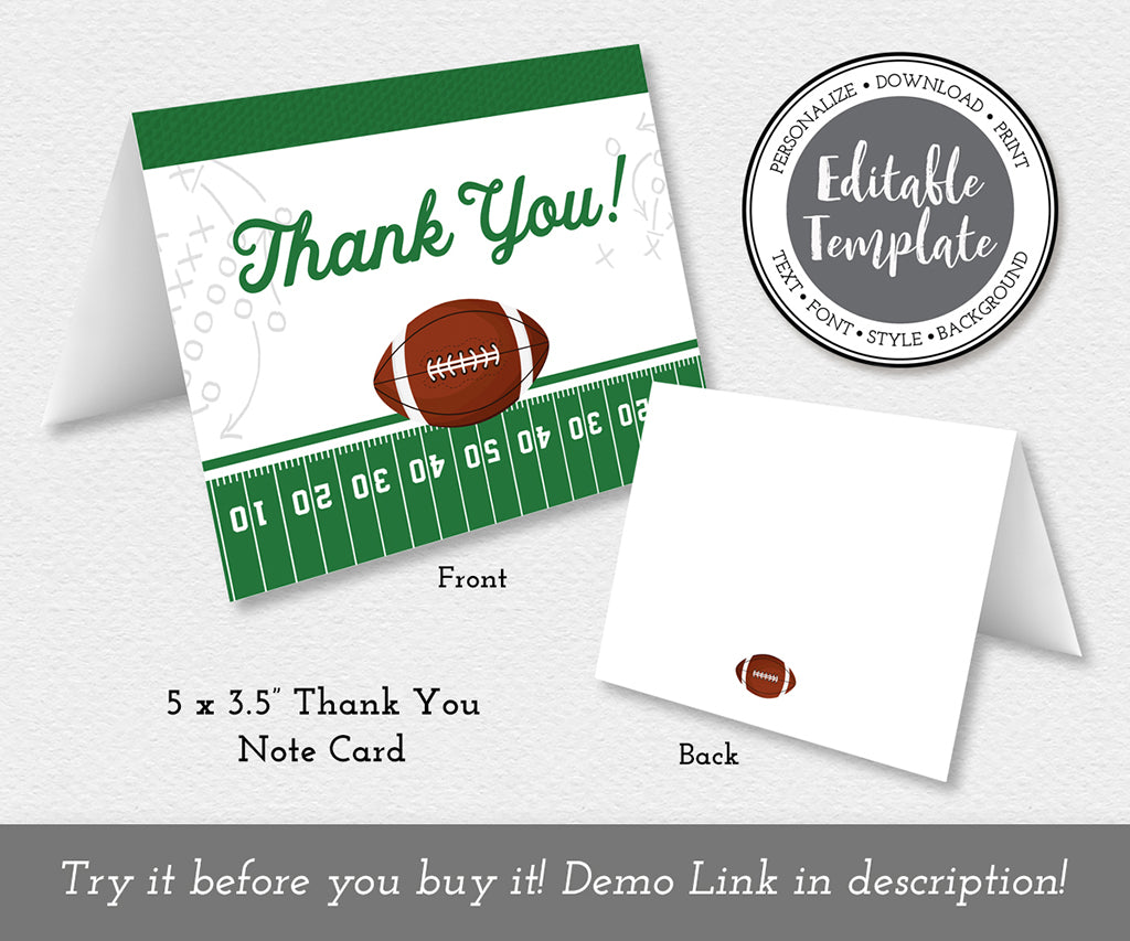 Folded football thank you card front and back editable template.