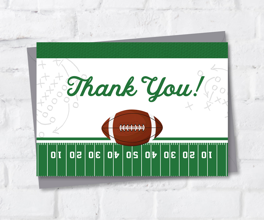 Football themed thank you card in green and gray with a football and field.