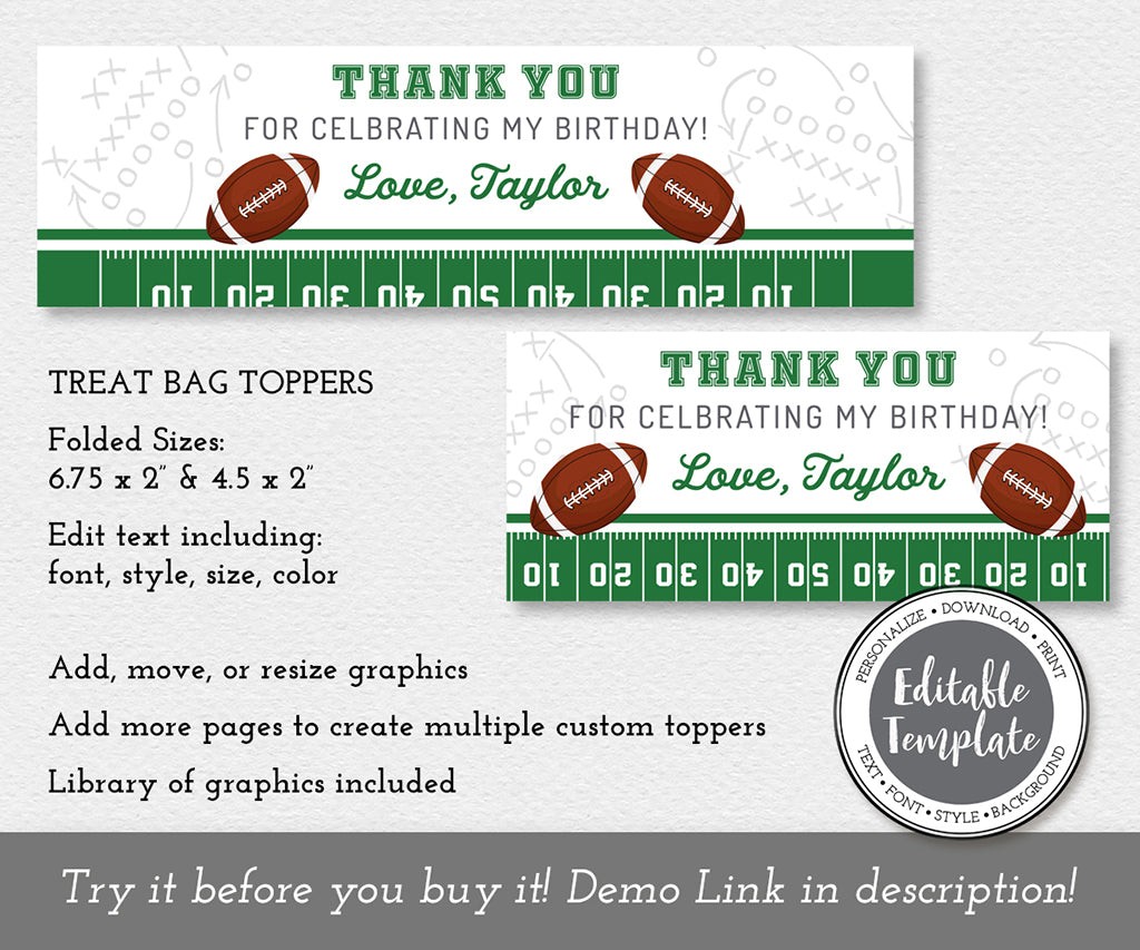 Football theme party treat bag topper templates, 6.75 x 2" and 4.5 x 2".