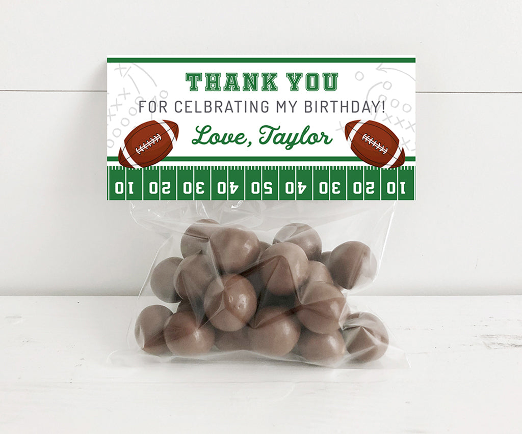 Football theme treat bag topper in green and gray.