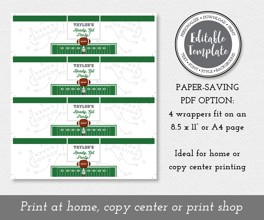 Paper saving download option for football theme water bottle labels, 4 on a sheet.