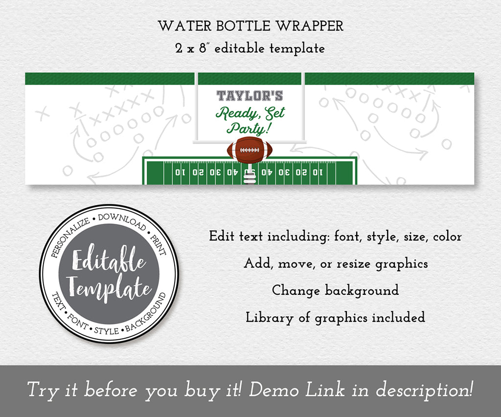 Football theme birthday water bottle wrapper editable template.