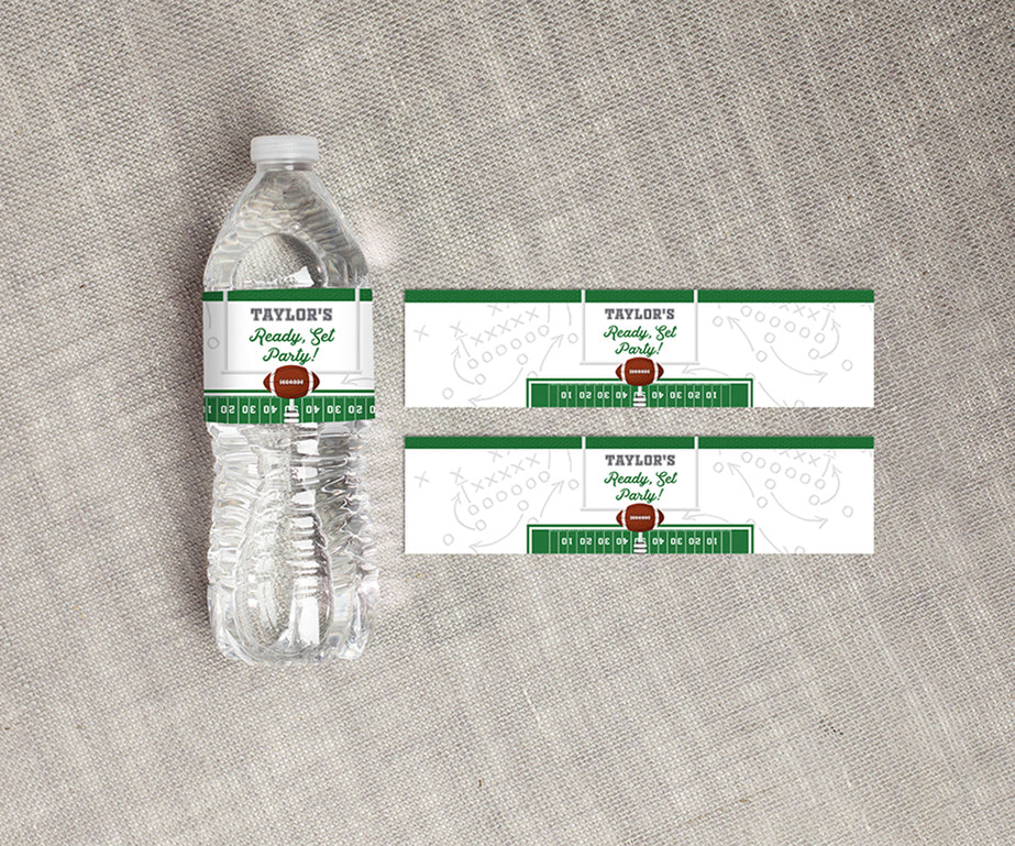 Ready, set, party, football theme birthday water bottle wrapper label.
