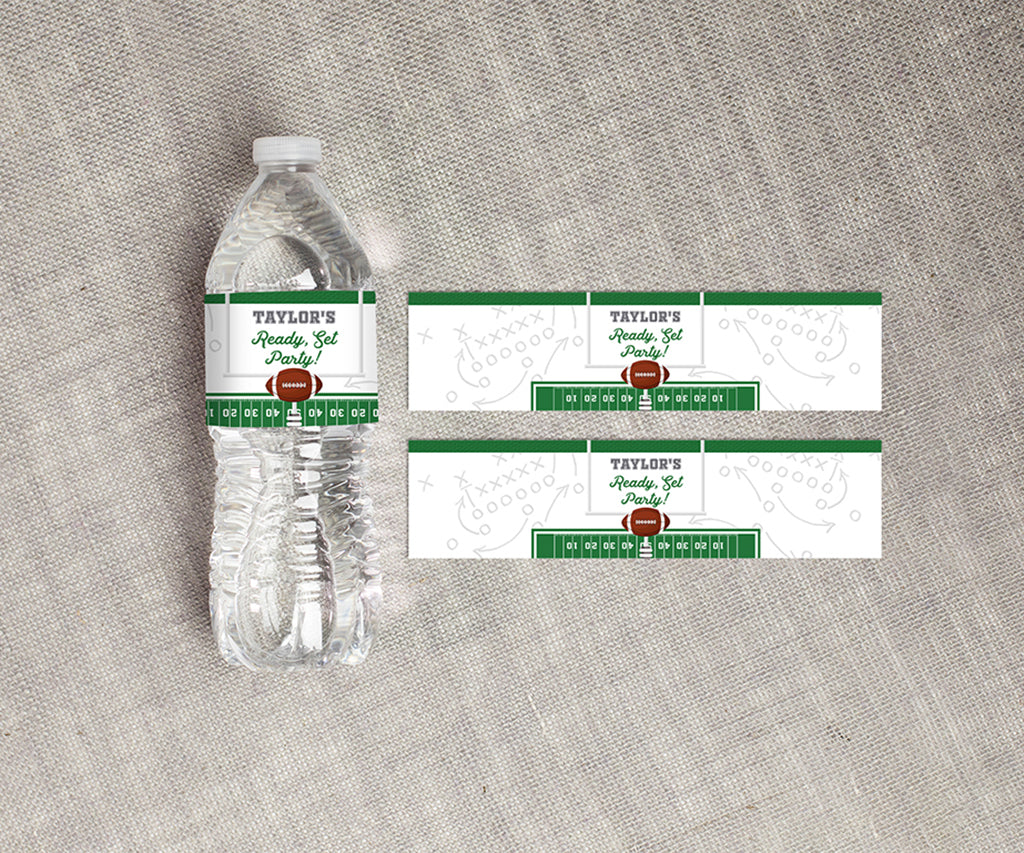 Football theme water bottle wrappers in green and gray.