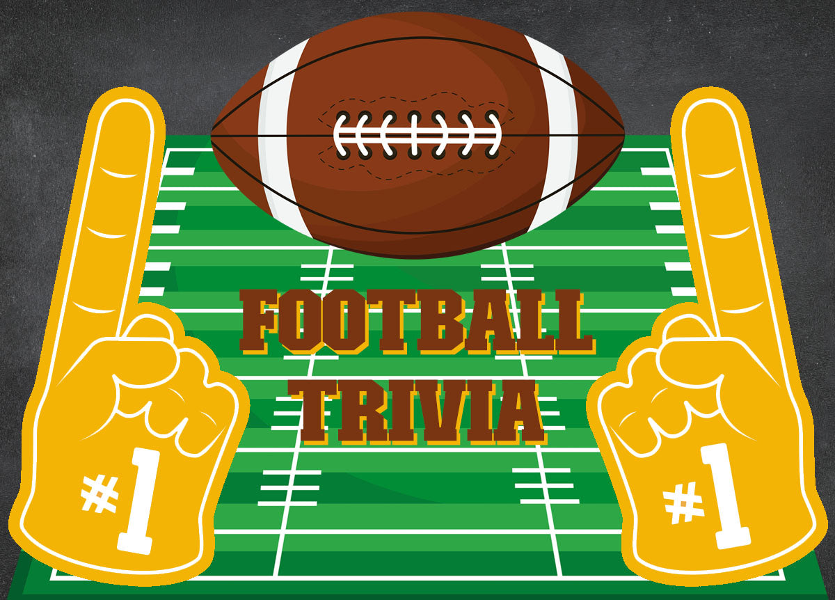 Football Trivia graphic with colorful yellow foam fingers, football field and a football.