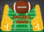 Football Trivia graphic with colorful yellow foam fingers, football field and a football.