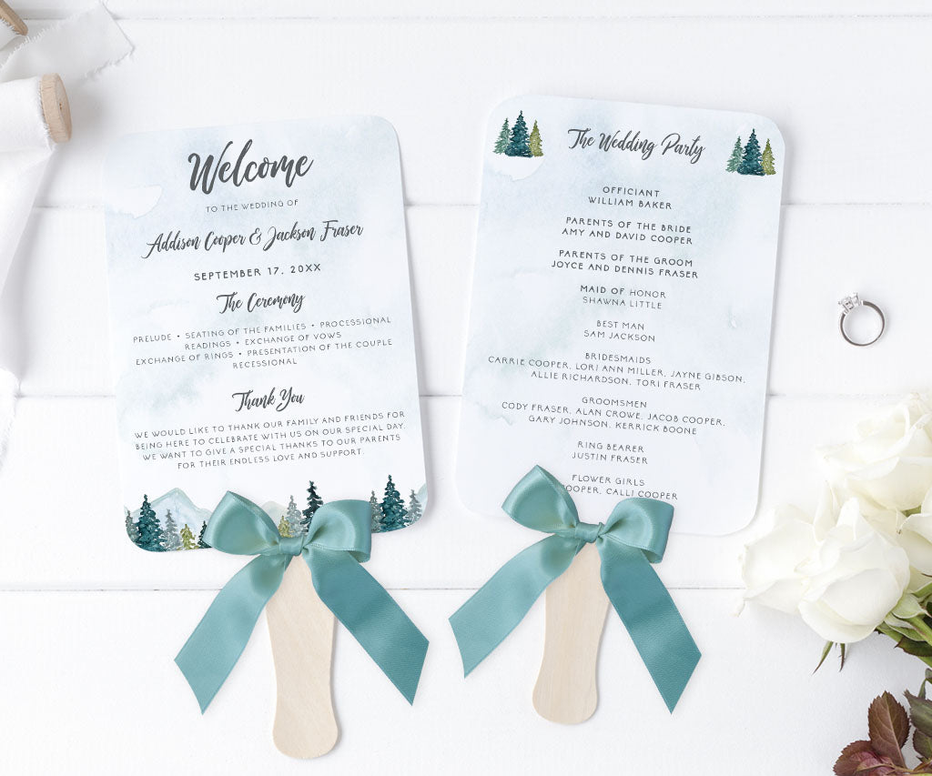 Pine forest and mountains wedding program fan.