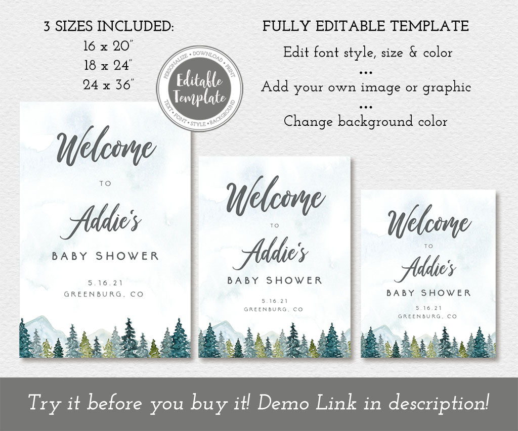 Forest and mountains adventure baby shower welcome sign templates in three sizes: 16 x 20", 18 x 24", and 24 x 36".