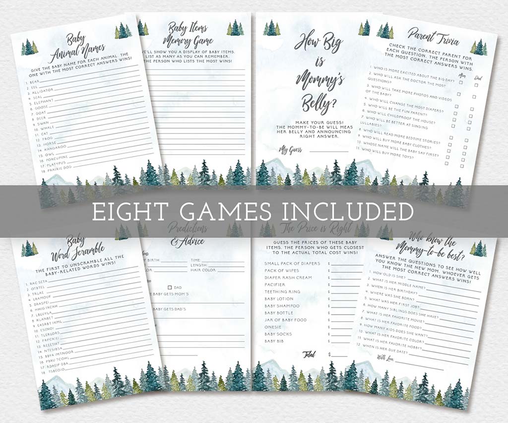 Forest and mountains adventure theme baby shower 8 game bundle.