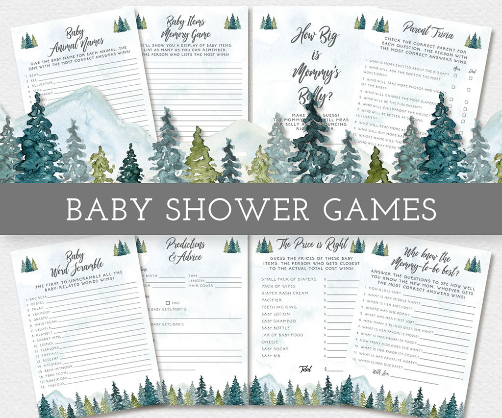 Forest and mountains adventure baby showr games bundle.