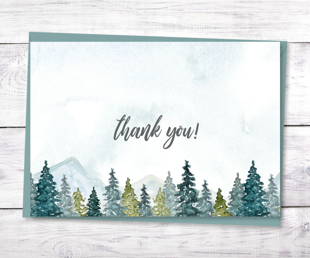 Forest and mountains adventure baby shower folded thank you card.