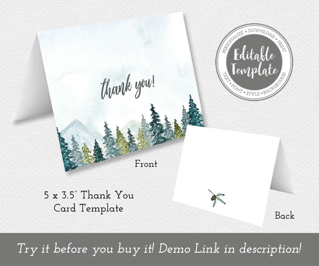 Forest and mountains baby shower folded thank you card template.