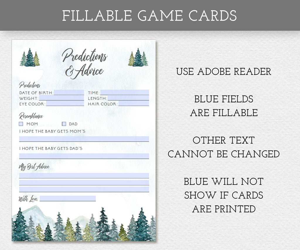 Forest and mountains baby showr game, predictions and advice fillable game card.