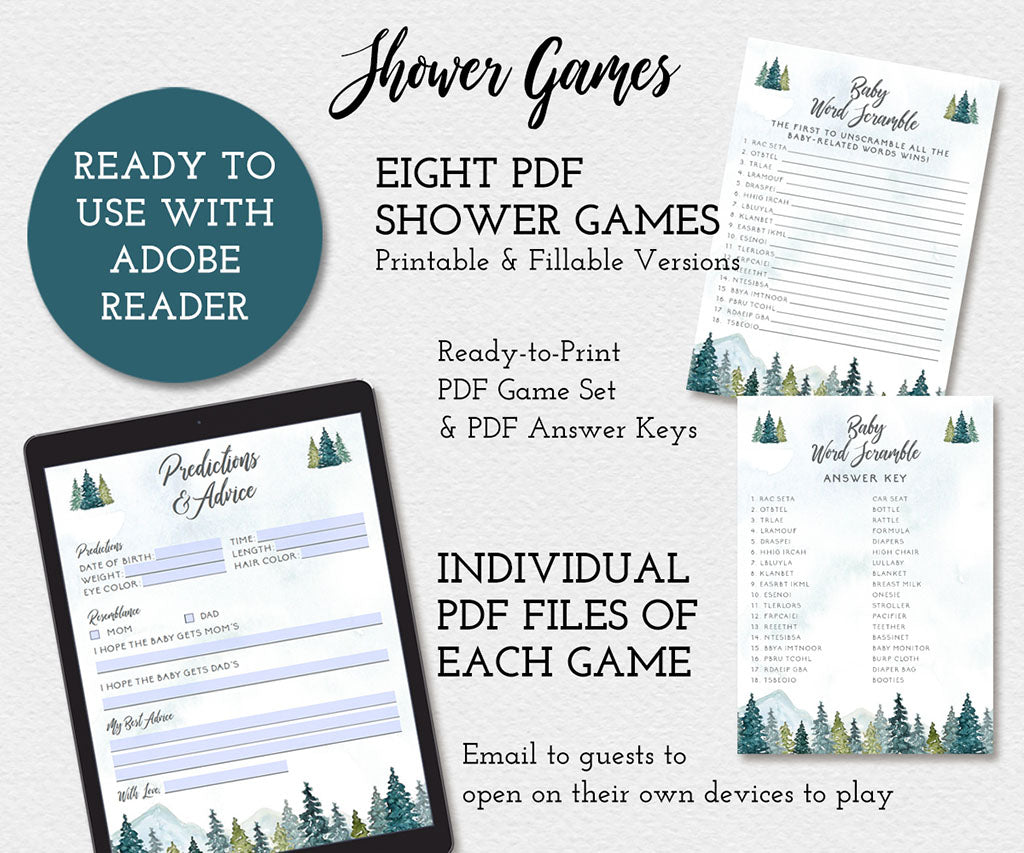 Forest and mountains baby shower game set of printables.