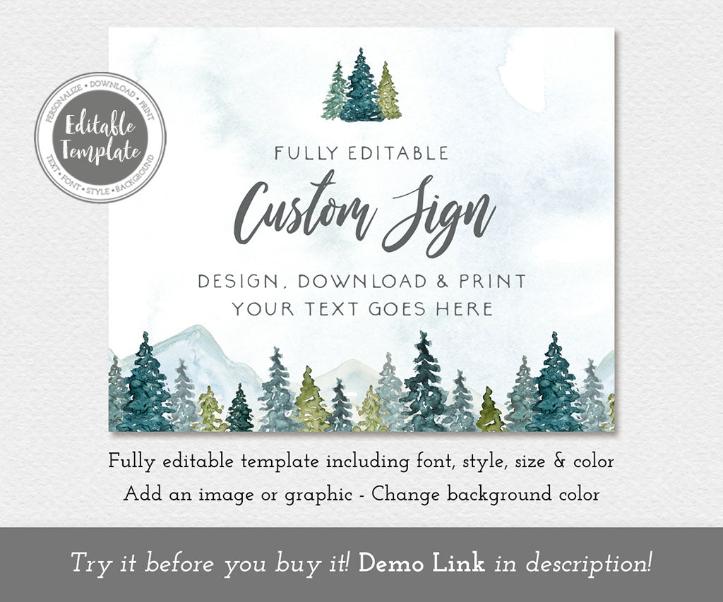 Forest and mountains 10 x 8" landscape custom sign editable template.