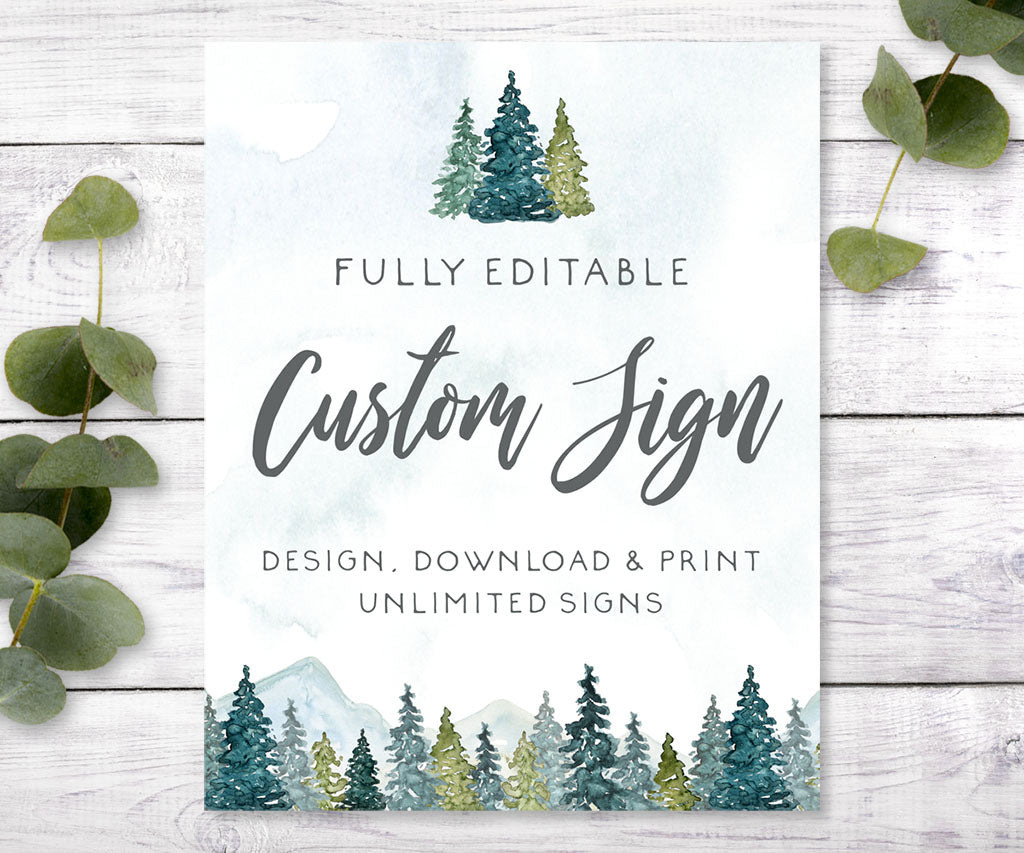 Forest and mountains portrait custom sign for adventure baby shower.