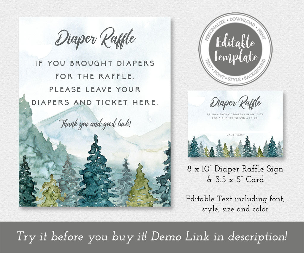 Forest and mountains diaper raffle game sign and entry card templates.