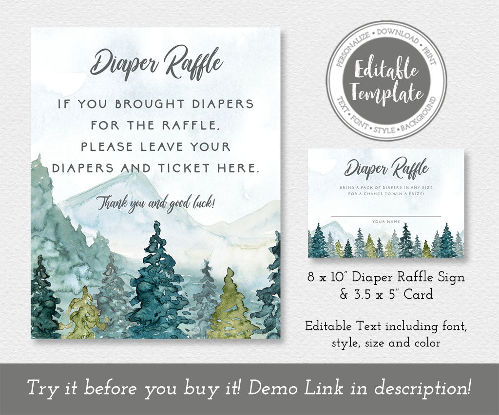 Firest and mountains diaper raffle game sign and card editable templates.