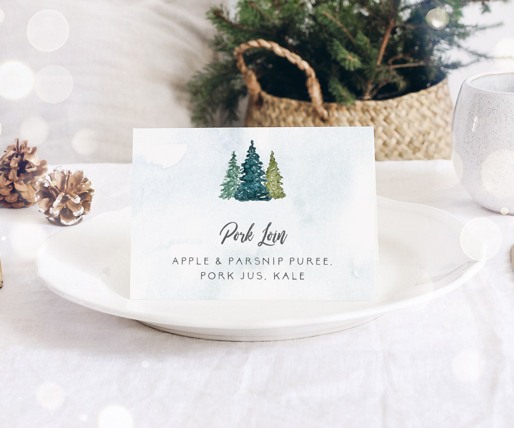 Forest pines folded buffet food cards for wedding or shower.