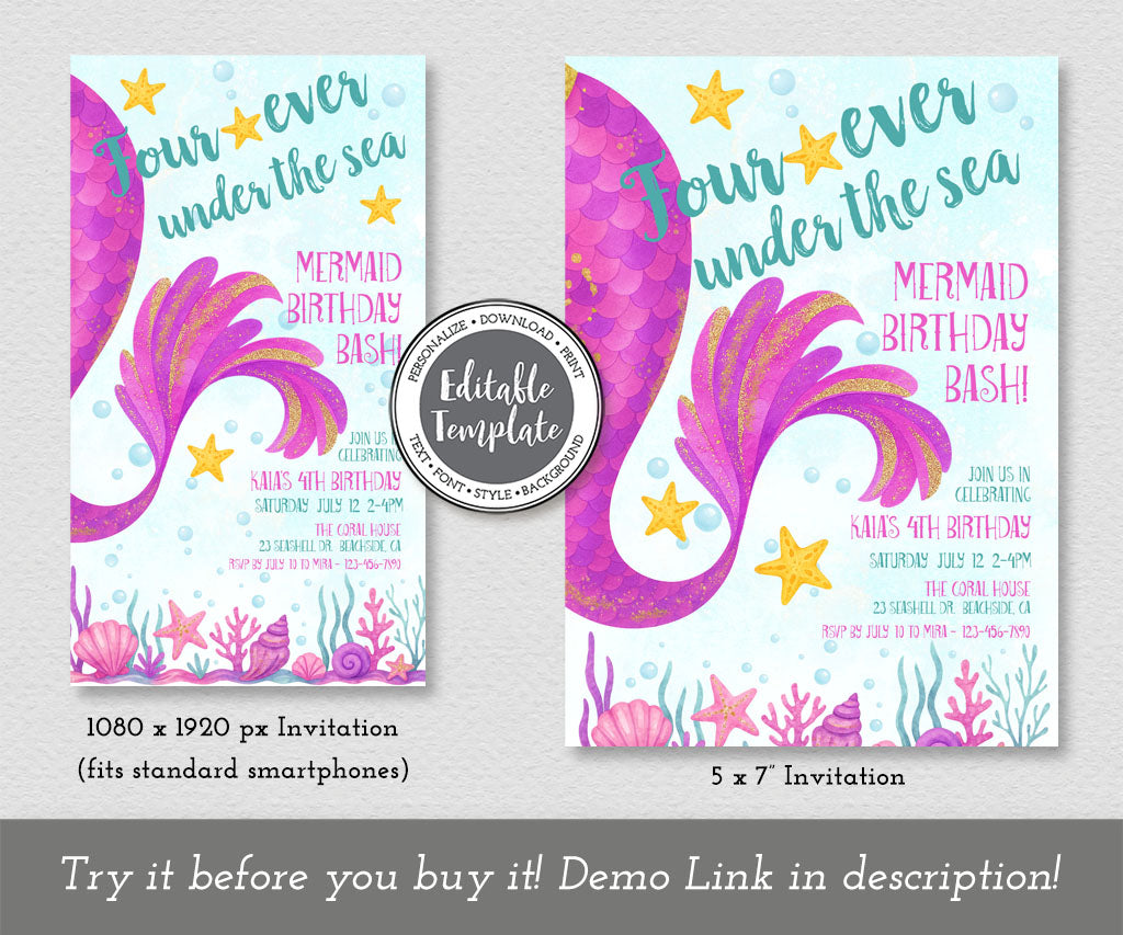 Four-ever under the sea mermaid birthday invitation and smart-phone evite templates.