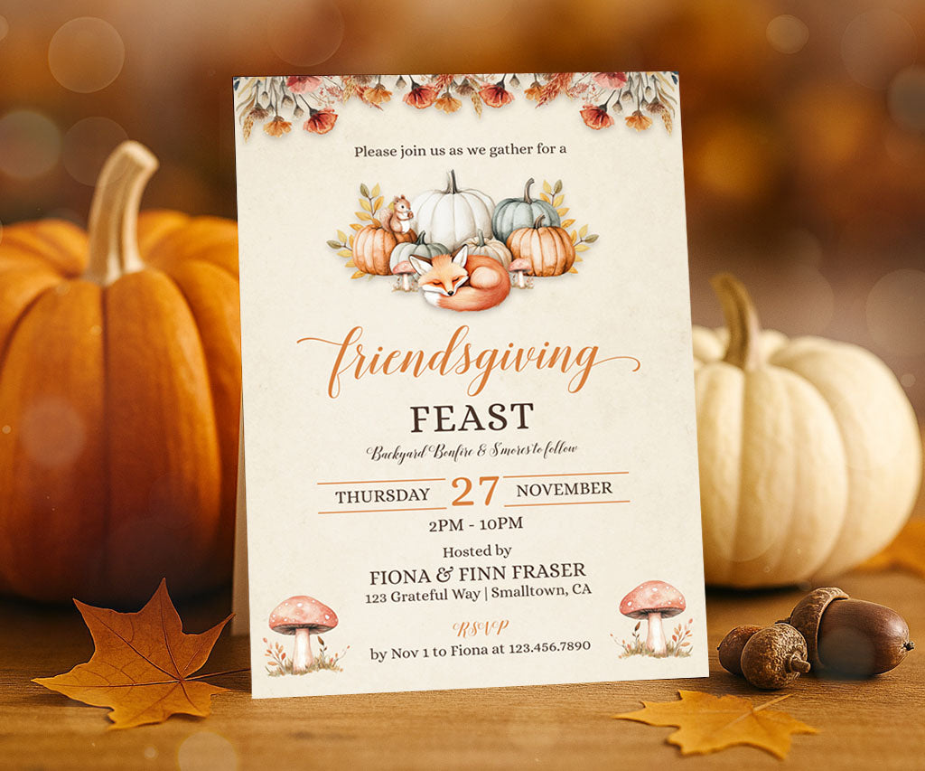 Friendsgiving Invitation in cottagecore style with watercolor pumpkins, mushrooms and cute fox.