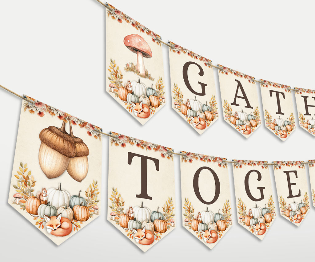 Gather together banner printable in cottagecore style with watercolor pumpkins, mushrooms, acorns and a cute fox.