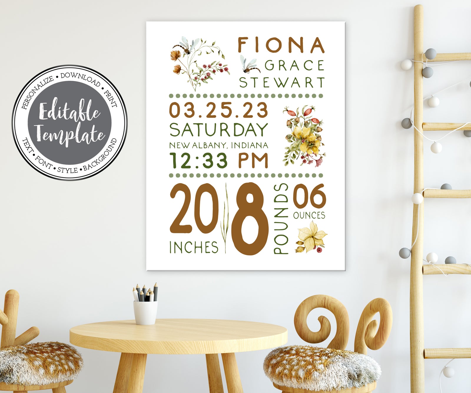 flowers and dragonflies birth stats girl nursery wall art