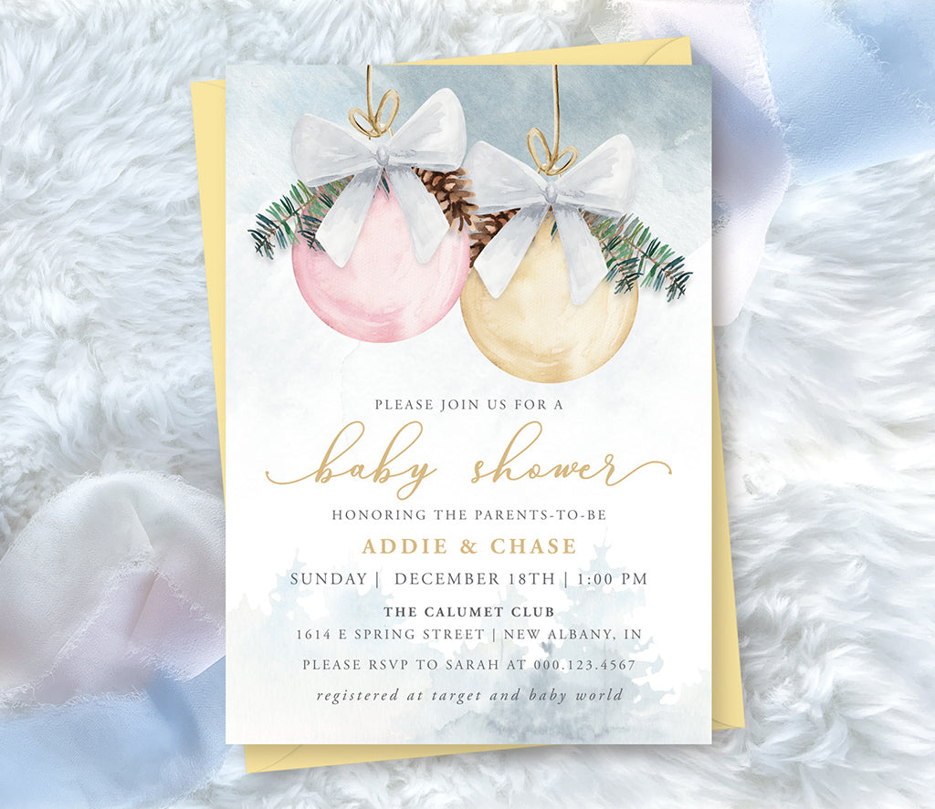 Winter baby shower invitation for baby girl, pink and gold ornaments with greenery.