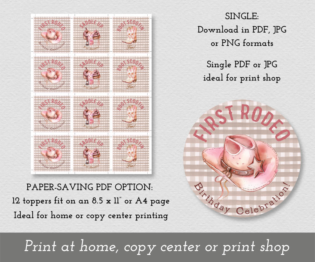 Download options for girls first rodeo cupcake toppers with full sheet or single.