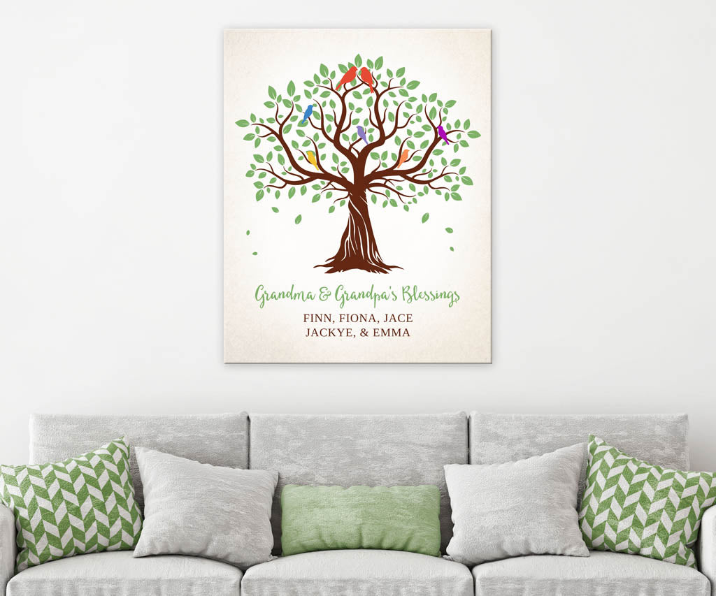 Grandchildren family tree gift printable wall art above a sofa.