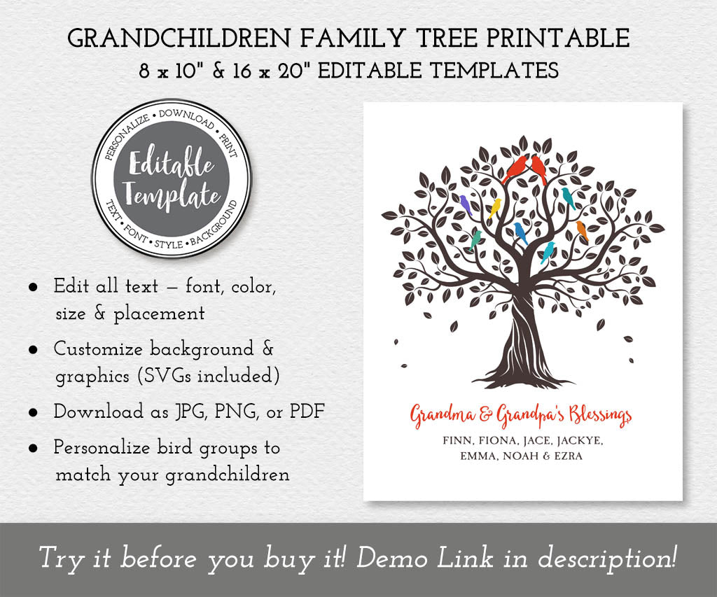 Family tree printable template with customizable birds and text on a white background.
