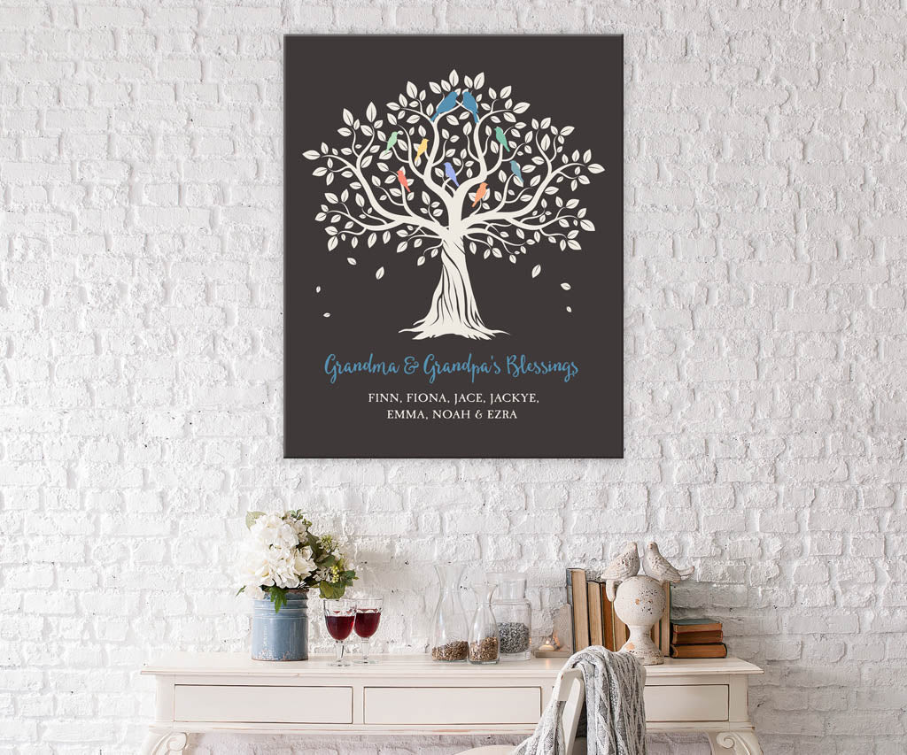 Grandchildren family tree printable with bird and names on brick wall.