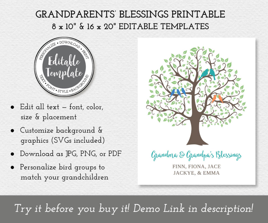 Grandparents' Blessings printable template with editable text and customizable design elements.