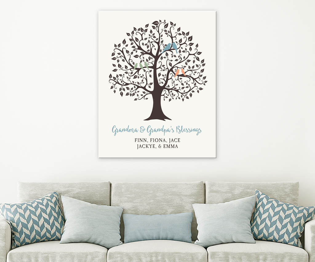 Decorative wall art of a grandparents' blessing family tree with birds on a white wall above a sofa.