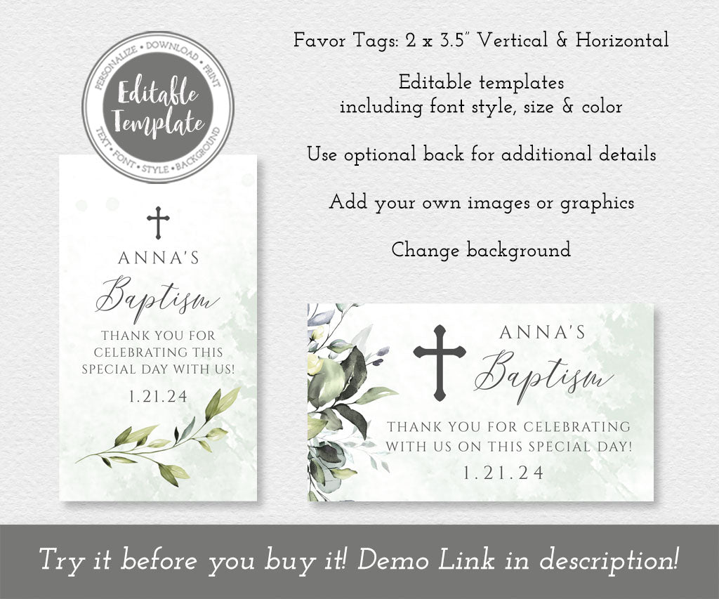Rectangular greenery baptism favor tag templates, horizontal and vertical.