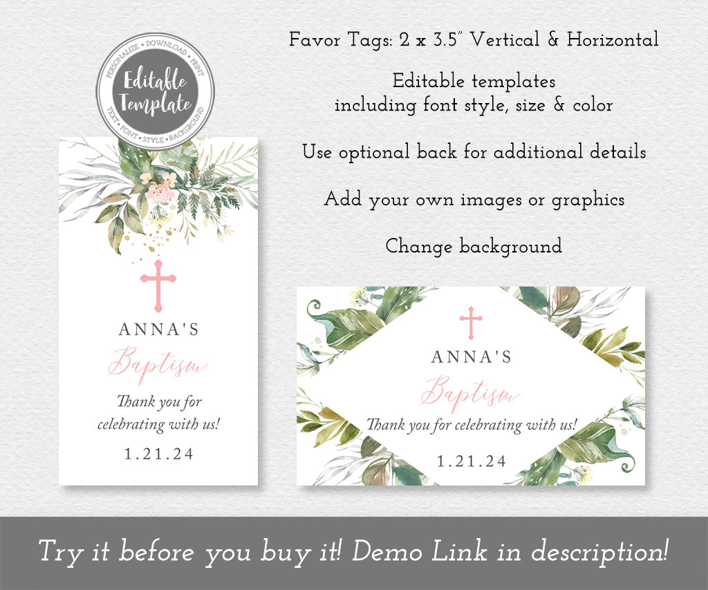 Greenery baptism favor tag templates.