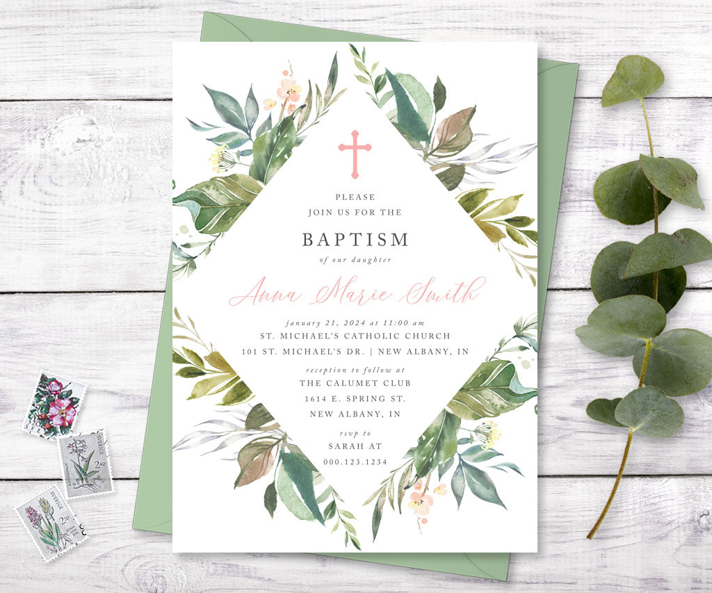 Gender neutral greenery baptism invitation.