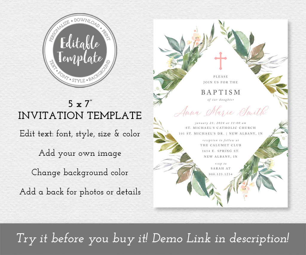 Gender neutral greenery baptism invitation editable template.