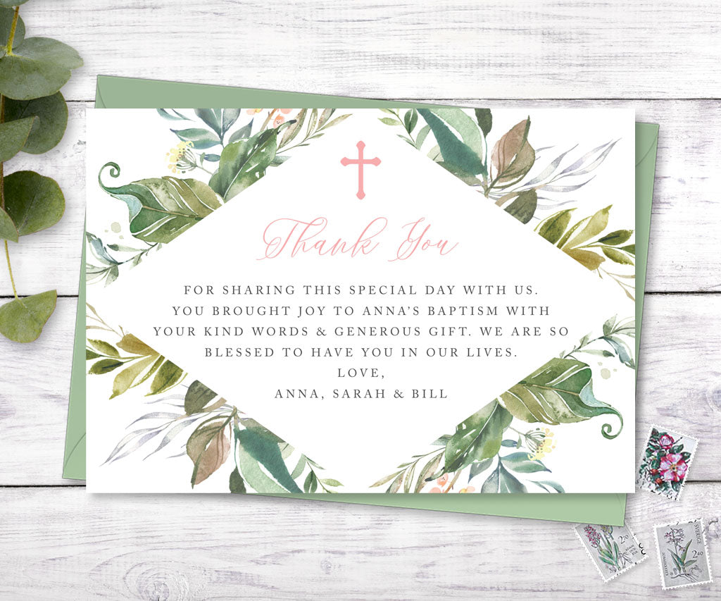 Greenery baptism thank you card.