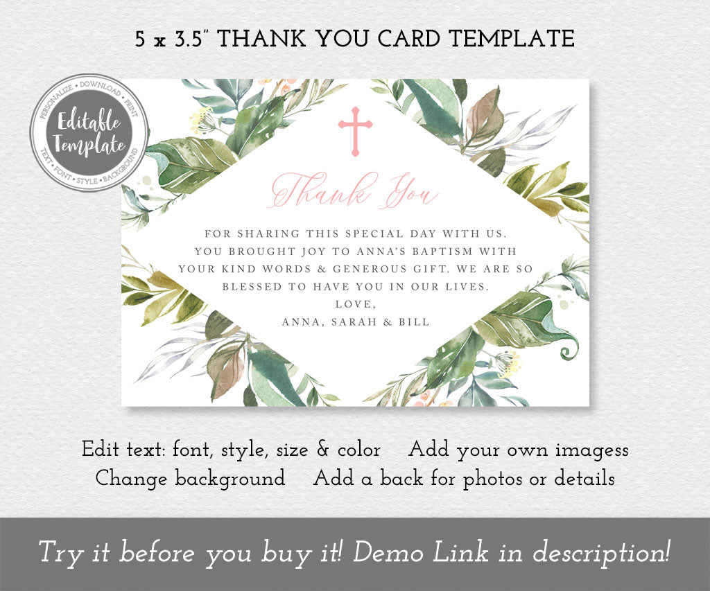 Greenery baptism thank you card editable template.