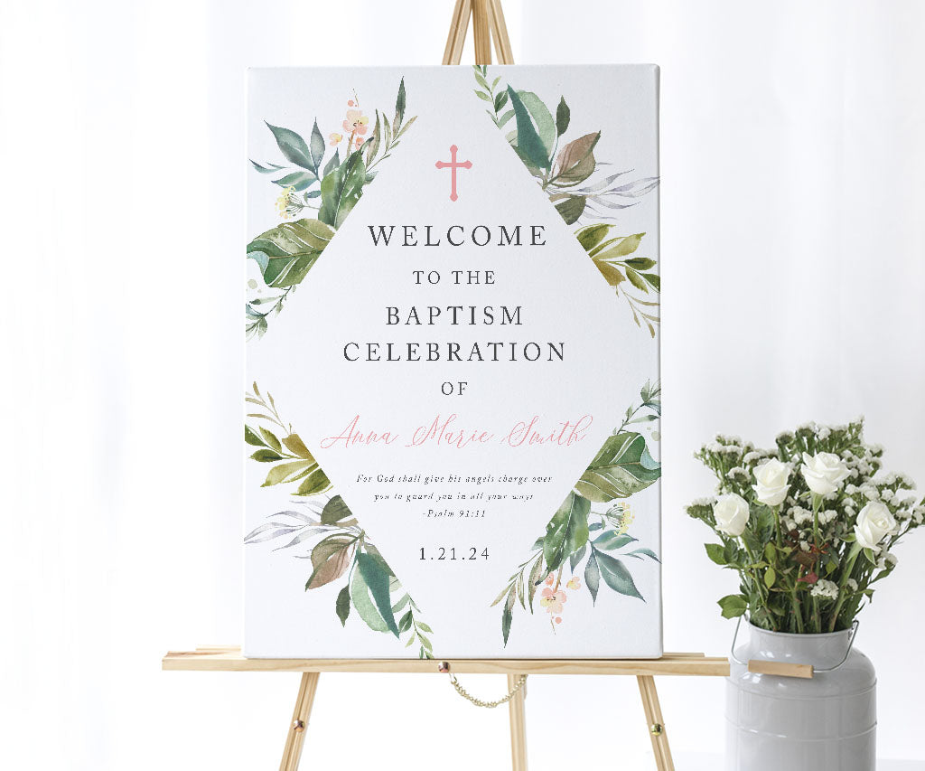 Botanical greenery baptism welcome sign on easel.