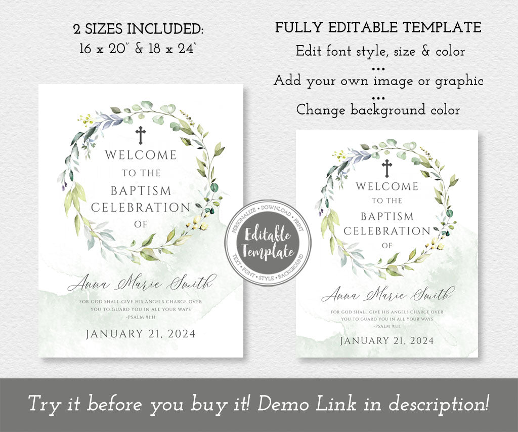 Greenery baptism welcome sign templates.