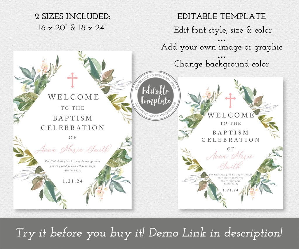 Botanical greenery baptism welcome sign editable templates.