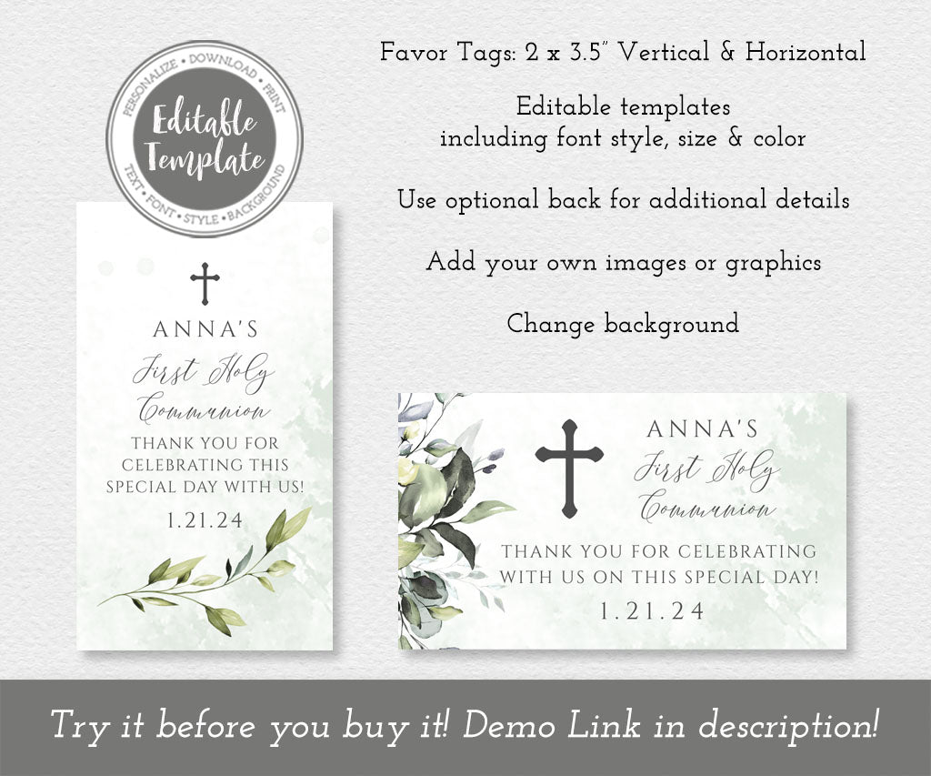 Greenery first communion favor tag templates.