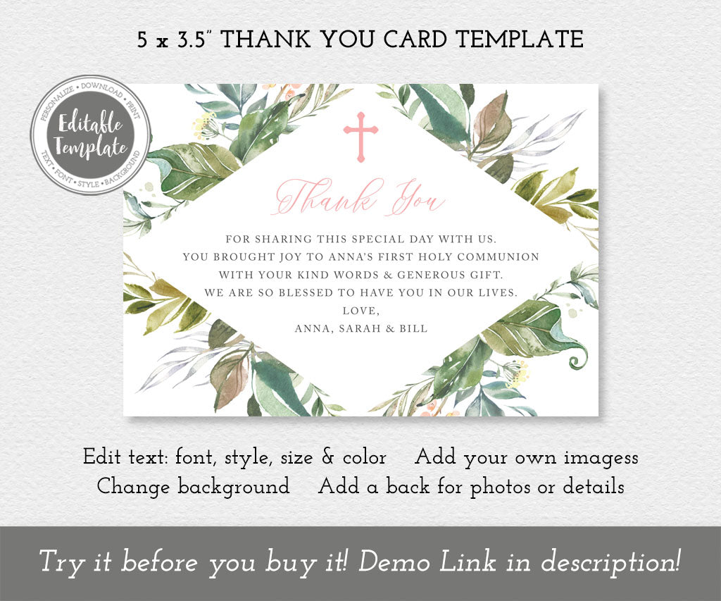 Greenery first communion flat thank you card template.