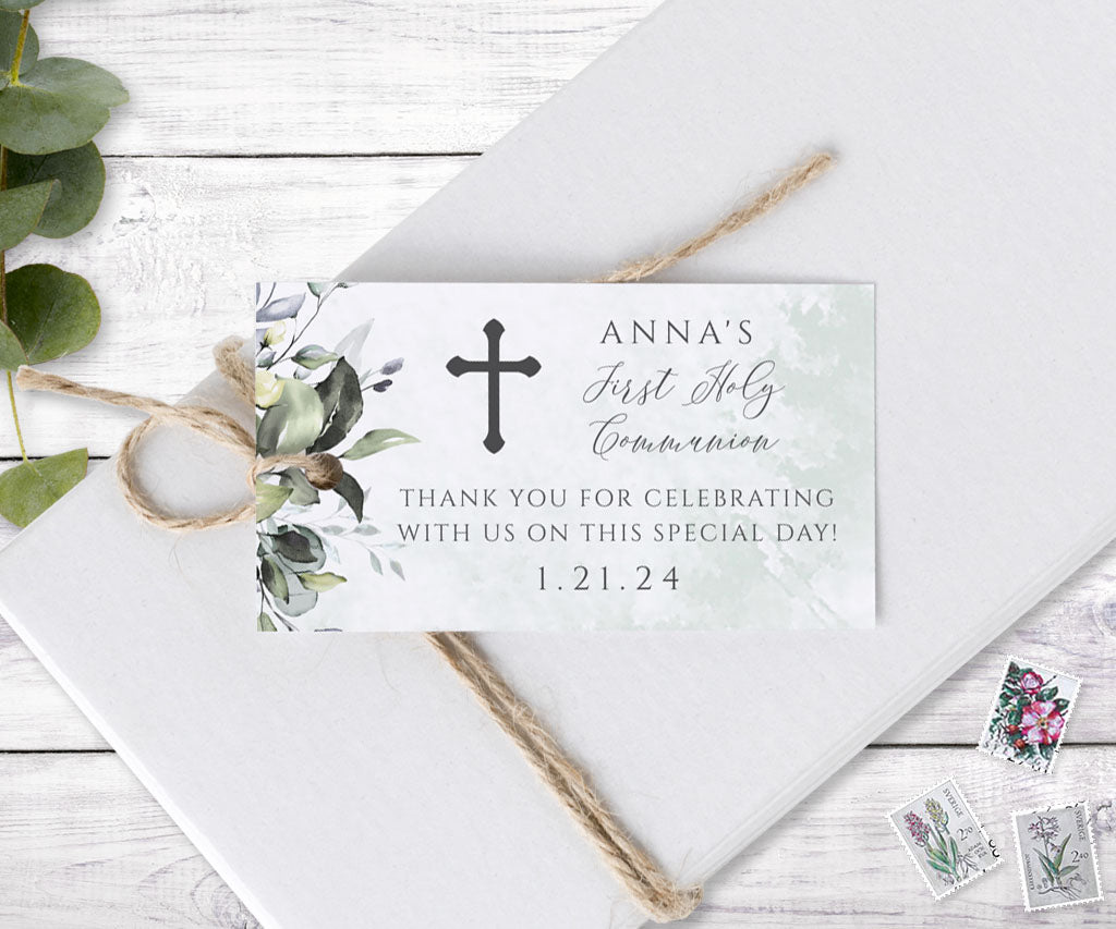 Greenery first communion horizontal favor tag.