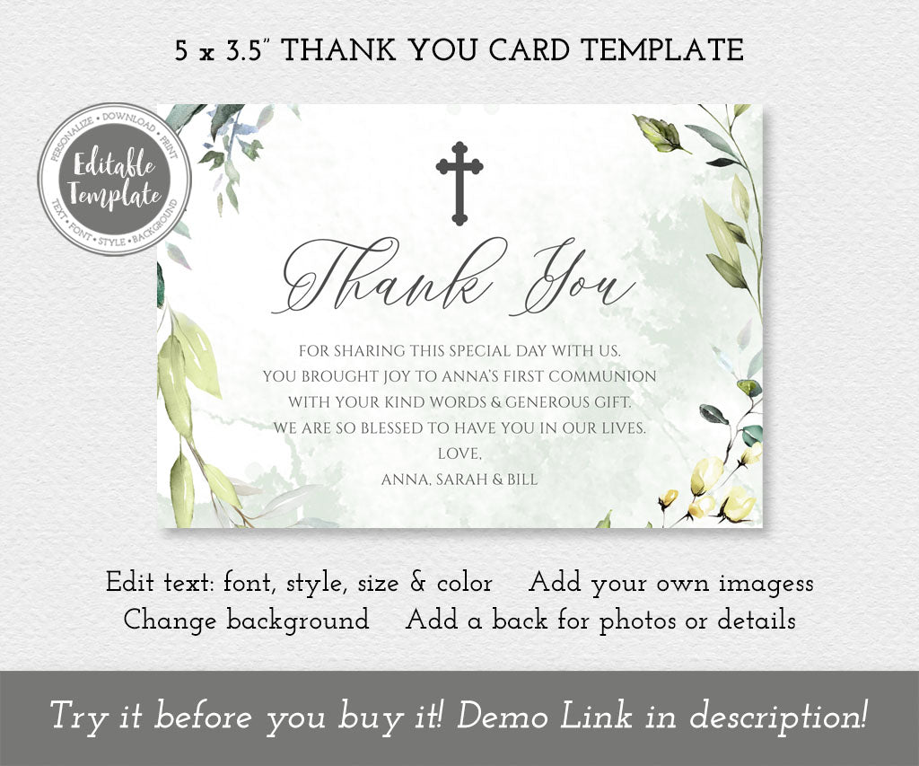 Greenery first communion thank you card template.